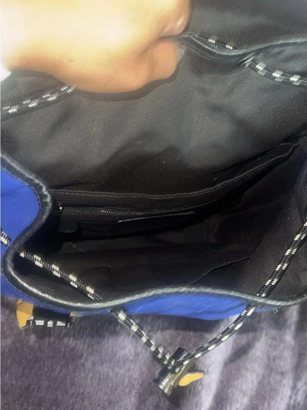 Coach Men's Blue and Black Logo Panel Flap Backpack with Gold Accents